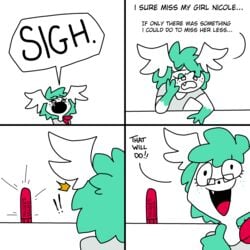 1:1 4koma absurd_res anthro clothing comic dialogue dildo english_text eyewear fangs glasses hi_res legendary_pokemon male nintendo pokémon_(species) pokemon pokemon_(species) ponporio_(artist) sex_toy shay_(whaddon) shaymin shiny_pokemon shirt sky_forme_shaymin smile solo speech_bubble t-shirt text topwear video_games