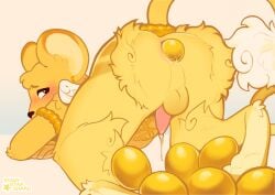 absurd_res accessory anus ass_up balls blush bodily_fluids egg egg_laying fur genital_fluids genitals hi_res looking_at_self looking_back mammal mouse murid murine naked nude penis precum rodent shinystarshard timid wings yellow_body yellow_fur