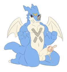 2026 3_fingers anthro balls bandai_namco biped blue_body bodily_fluids claws countershade_torso countershading digimon digimon_(species) dragon_wings erection exveemon fangs fingers first_person_view genital_fluids genitals humanoid_genitalia humanoid_penis kneeling looking_at_viewer male male_anthro male_only markings muscular_male nude_male penis portrait precum rokuyon scalie simple_background solo teeth toe_claws