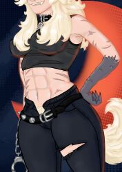 1girls abs big_breasts big_thighs blonde_female blonde_hair breasts choker clawed_fingers claws collar deadlock dense_pubic_hair fangs female furry_tail hairy_pussy hips large_breasts pants pubic_hair pubic_hair_peek scars silver_(deadlock) solo_female solo_focus tail tank_top teeth werewolf werewolf_girl white_female wolf_girl