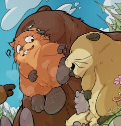 anthro anus barefoot beaver bear big_penis biped bottomless brown_body brown_fur buckteeth cartoon chubby claws confusion domination erection fangs feet female fur furry genital_slit genitals group held_up holding_character imminent_sex interspecies male mammal mouse nature nude orange_fur outdoors paws penis presenting pussy raised_leg rodent smile soles sweat tail teeth toes yellow_body yellow_fur hoppers mabel_tanaka pixar disney