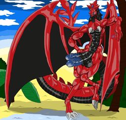 amarashi anthro balls big_balls big_wings black_body black_skin candy dessert diphallia diphallism dragon duel_monster egyptian_god food genitals glistening glistening_body hi_res lollipop long_tail male metallic multi_genitalia multi_penis muscular osiris penis red_body red_skin saint_dragon_of_osiris sky_dragon_of_osiris slifer_the_sky_dragon solo testicles veiny_penis wings yu-gi-oh!