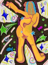 2026 3:4 3_toes 4_fingers ass backsack balls bird_dog blonde_hair blue_hair breasts canid canine canis colored colored_line_art convenient_censorship countershading dancing digital_drawing_(artwork) digital_media_(artwork) domestic_dog english_text feet fingers fish_symbol floppy_ears fluffy fluffy_tail genitals golden_retriever gynomorph hair halftone hi_res highlights_(coloring) hunting_dog intersex line_art mammal motion_lines nude nude_anthro pattern_background pink_line_art rear_view retriever shaded shoulder_blades side_boob simple_background snootdra solo sparkles star swirl tail text toes