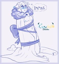 1boy arms_behind_back artist(lunabell_sketches) artist_logo artist_signature bird_skull blue_blush blue_border blush blushing blushing_male blushing_profusely bondage cape cat_ears catboy commission ear_blush ear_tuft english_text exposed_nipples exposed_stomach foot heart heart_symbol hearts hearts_in_eyes light_hair male male_focus male_only neck_fluff neckwear nipples on_knees ribbon short_hair skull text text_bubble thefrigidbagel_(character) thefrigidbagel_(vtuber) thought_bubble tied tied_up vtuber white_background