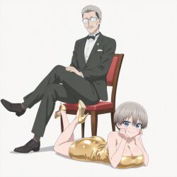 1boy 1girls adult_female age_difference ai_assisted ai_generated anime_style asai_akihiko chair cleavage gold_dress happy_female heels height_difference huge_breasts older_male opaque_glasses posing_for_the_viewer sexy short_hair shorter_female sparkly_dress suit tuxedo uzaki-chan_wa_asobitai! uzaki_hana white_backgound younger_female