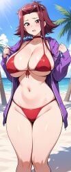 ai_generated minarai1998 yu-gi-oh! yu-gi-oh!_5d's izayoi_aki bangs bikini bikini_top choker clothing eyewear eyewear_on_head front-tie_bikini_top front-tie_top hair_ornament hood hooded_jacket hoodie jacket long_sleeves open_clothes open_jacket purple_hoodie purple_jacket red_bikini red_choker red_swimsuit short_hair_with_long_locks sidelocks sunglasses swimsuit alternative_bust_size blush breasts brown_eyes busty clavicle cleavage curvaceous female groin huge_breasts large_breasts navel red_eyes red_hair shiny_skin short_hair sideboob skindentation stomach thighs underboob wide_hips open_mouth standing embarrassed looking_at_viewer palm_tree tree bodily_fluids cloud sand sweat sweatdrop water 1girl beach blue_sky day ocean outdoors sky solo portrait shiny high_resolution very_high_resolution