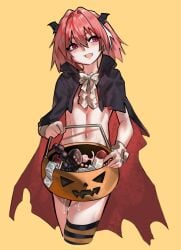 1boy anal_beads ascot astolfo_(fate) bat_wings black_cape bow bowtie cape commentary_request condom condom_wrapper facing_viewer fate/grand_order fate_(series) halloween halloween_bucket head_wings highres jack-o'-lantern kinoshita_(user_vmwv4757) light-skinned_male looking_to_the_side male male_focus male_only naked_cape navel open_mouth pink_eyes pink_hair sex_toy short_hair sideways_glance simple_background solo solo_male striped_clothes striped_thighhighs suggestive_fluid thighhighs torn_cape torn_clothes trap white_ascot white_bow white_bowtie wings yellow_background