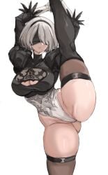 ass ass_visible_through_thighs beauty beauty_mark blindfold boob_window clothed large_ass large_breasts nier nier:_automata nier_(series) no_nudity pale_skin rakeemspoon stretching thick_thighs thighhighs white_hair yorha_2b