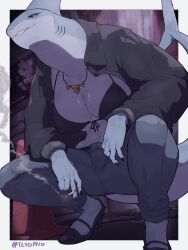 1girls 2026 3:4 abs anthro aquatic belt big_breasts black_sclera bottomwear bra breasts cigarette cigarette_smoke clothed clothed_female clothing denim denim_bottomwear denim_clothing dragon_dedemushi female female_only fin fish footwear fully_clothed fully_clothed_female gills grin grinning_at_viewer head_fin heels hi_res high_heels holding_cigarette holding_object jacket jeans kemono looking_at_viewer midriff mitsuki_shark muscular muscular_anthro muscular_female non-mammal_breasts open_clothing open_jacket open_topwear pants pupils shark shark_tooth_necklace sharp_teeth shoes slit_pupils smile smiling smiling_at_viewer smoke smoking smoking_cigarette solo squatting tail tail_fin teeth topwear underwear yellow_eyes