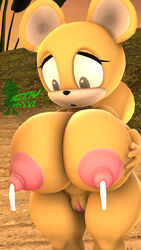 3d 9:16 anthro ariana_maplethorpe big_breasts black_nose bodily_fluids breasts brown_eyes digital_media_(artwork) fan_character female fur genitals hand_on_breast hi_res huge_breasts kennythebobcat lactating looking_at_breasts mammal nipples nude open_mouth pussy rodent sciurid sega shortstack solo sonic_(series) source_filmmaker standing thick_thighs tree_squirrel white_inner_ear wide_hips yellow_body yellow_fur