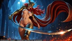 16:9_aspect_ratio ai-created ai_generated amputee armor breasts cape closed_mouth clothing colored_pubic_hair covered_eyes elden_ring excessive_pubic_hair female female_pubic_hair floating_hair headwear helmet holding holding_object holding_sword holding_weapon katana large_breasts long_hair malenia_blade_of_miquella mechanical_arms medium_breasts navel nipples nude prosthesis prosthetic_arm prosthetic_leg pubic_hair red_cape red_hair single_mechanical_arm smile solo sword vagina weapon winged_helmet wodstudio
