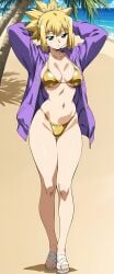 ai_generated minarai1998 dr._stone kohaku_(dr._stone) bikini clothing footwear gold_bikini gold_swimsuit highleg highleg_bikini highleg_swimsuit high_ponytail hood hoodie jacket long_sleeves open_clothes open_hoodie open_jacket ponytail purple_hoodie purple_jacket sandals shiny_clothes string_bikini swimsuit tied_hair white_footwear yellow_bikini yellow_swimsuit arm blonde_hair breasts busty clavicle cleavage feet female gluteal_fold green_eyes large_breasts legs medium_breasts navel shiny_skin short_hair stomach thigh_gap thighs toenails toes arms_behind_head arms_up closed_mouth standing looking_at_viewer palm_tree tree cloud sand 1girl beach blue_sky day ocean outdoors sky solo portrait full_body shiny shadow high_resolution tagme very_high_resolution