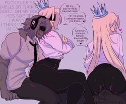 itrapped_(forsaken) chance_(forsaken) erection_under_clothes dialogue teasing buttjob femboy crown blonde_hair trembling nosebleed necktie roblox robloxian forsaken_(roblox) forsaken 2boys yaoi sweating gay roblox_game heart twink long_hair grey_body grey_hair sitting_on_person mocking censored_face crossed_legs