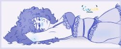 1girls armpit artist(lunabell_sketches) artist_logo artist_signature blue_border blush blushing blushing_at_viewer blushing_female collarbone curly-haired_female curly_hair dark_hair dark_hair_female elbow eye_shadow eyebrow_piercing facing_viewer female female_focus female_only laying_down laying_on_back leg_up lingerie lingerie_bra lingerie_panties logo looking_at_viewer monochrome nose_piercing oc original_character see-through_clothes see-through_clothing someone_else's_oc white_background