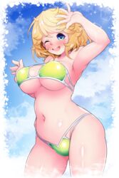 arm_up armpit big_breasts bikini blonde_hair blue_eyes blush curly_hair eyepatch_bikini female female_only green_bikini monster_strike mukakinzero nightingale_(monster_strike) open_mouth short_hair smile solo swimsuit thick_thighs underboob wide_hips wink