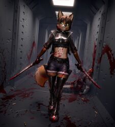 2026 absurd_res ambiguous_gender anthro biped black_boots black_clothing black_crop_top black_footwear black_gloves black_handwear black_jacket black_nose black_shirt black_topwear blood blood_on_face bodily_fluids boots bottomwear breasts brown_hair canid canine cheek_tuft clothed clothing corpse countershade_face countershade_torso countershading covered_in_blood crop_top denim denim_bottomwear denim_clothing denim_shorts dipstick_tail eleode facial_tuft female footwear fox fur gloves gore grin group gun hair handwear hi_res holding_melee_weapon holding_object holding_sword holding_weapon ines_(eleode) inside jacket latex latex_clothing legwear looking_at_viewer mammal markings medium_breasts melee_weapon midriff multicolored_body multicolored_fur navel ranged_weapon red_body red_fur rifle shirt shoes short_hair shorts smile solo_focus sword tail tail_markings teeth thigh_boots thigh_highs topwear tuft two_tone_body two_tone_fur walking weapon white_body white_countershading white_fur white_markings