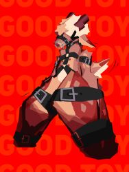 ambiguous_gender anthro antlers arms_tied azzy_(azzy~xyz) azzy~xyz belt bent_legs bondage bound collar deer harness hi_res horn kneeling mammal muzzle_(object) muzzled nipples restraints solo tail tail_motion tailwag teasing