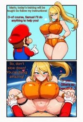 ai_generated crack_pairing crack_ship cute funny happy_sex huge_breasts mario mario_(series) metroid nintendo samus_aran shorter_male/taller_female training