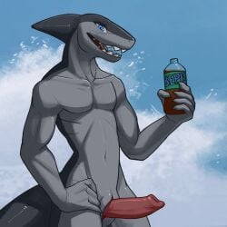 2024 animal_genitalia anthro aquatic beverage blue_eyes bottle container countershade_face countershade_neck countershade_torso countershading drink_bottle erection fin fish genital_slit genitals gills glistening glistening_body glistening_genitalia glistening_penis hand_on_hip head_fin holding_bottle holding_container holding_object male navel nude pecs penis shark sharp_teeth slim snout solo solo_male syynx tail teeth tongue wave