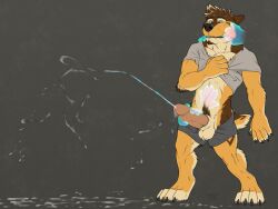 4:3 4_toes 5_fingers anthro ball_tuft balls blue_eyes bodily_fluids bottomwear brown_body brown_fur canid canine canis clenched_teeth clothing cum cumshot digitigrade_paws disembodied_hand domestic_dog ears_back ejaculation ejaculation_from_handjob excessive_cum excessive_genital_fluids feet fingers fur genital_fluids genitals ghost_hand grey_bottomwear grey_clothing grey_shirt grey_shorts grey_topwear hi_res humanoid_genitalia humanoid_penis male male_only mammal paws penis pivoted_ears rekkidoggo shirt shorts solo tan_body tan_fur teeth toes topwear tuft yellow_body yellow_fur