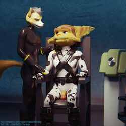 1:1 3d 3d_(artwork) anthro belt bondage bound canid canine chair chair_bondage clothing crossover digital_media_(artwork) duo fox fox_mccloud fur furniture genitals gloves handwear hi_res male male/male male_only mammal nintendo nude ralic_turman ratchet_(ratchet_and_clank) ratchet_and_clank rubber simple_background sony_corporation sony_interactive_entertainment star_fox suit video_games