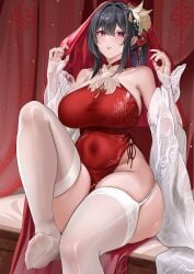 1girl absurdres azur_lane bare_shoulders bird_hair_ornament black_hair breasts bridal_gauntlets chen_hai_(azur_lane) china_dress chinese_clothes collarbone commentary_request curtains dress garter_straps gold hair_ornament highres huge_breasts japanese_clothes kaijiba kimono long_hair looking_at_viewer official_alternate_costume red_dress red_veil see-through_curtains shiromuku side-tie_dress side_slit sideless_outfit sleeveless sleeveless_dress solo tassel tassel_hair_ornament thighhighs uchikake veil white_garter_straps white_thighhighs