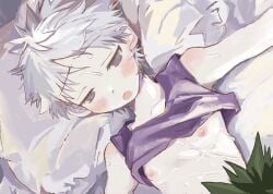 186x6 2boys bare_arms bare_pectorals bed blue_eyes blush clothes_lift collarbone gay gon_freecss half-closed_eyes heavy_breathing highres hunter_x_hunter implied_fellatio implied_sex killua_zoldyck lolicon looking_at_another lying multiple_boys nipples on_back open_mouth pale_skin pectorals pillow purple_tank_top shirt_lift sweat sweatdrop tank_top white_hair