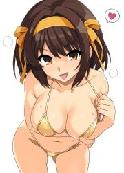 ass_visible_through_thighs bent_over breath_cloud brown_eyes brown_hair curvaceous erect_nipples female female_only gold_bikini golden_week hair_ribbon haruhisky heart huge_breasts light-skinned_female looking_at_viewer mouth_open pulling_bikini_string seductive_look suzumiya_haruhi suzumiya_haruhi_no_yuuutsu sweat thick_thighs tongue_out