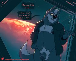 anthro balls black_nipples black_nose bottomless canid canine canis cheek_tuft chocolateandmilk cigarette clothed clothing english_text facial_tuft foreskin front_view fur genitals grey_body grey_ears grey_fur grey_tail hair hi_res holding_cigarette holding_object humanoid_genitalia humanoid_penis inside male male_anthro mammal moobs narrowed_eyes nintendo nipples open_clothing open_topwear orange_eyes overweight overweight_anthro overweight_male penis planet short_hair smoke solo speech_bubble standing star star_fox tail text topwear tuft url vein veiny_penis white_balls white_hair window wolf wolf_o'donnell