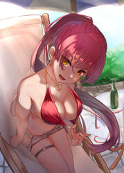 :d absurdres beach_chair beach_umbrella bikini bikini_pull bikini_under_clothes breasts cleavage clothes_pull dolphin_shorts earrings female halter_top halterneck heart heart_earrings heart_necklace heterochromia high_ponytail highres hololive hololive_fantasy hololive_japan houshou_marine jewelry leaning_forward long_hair looking_at_viewer medium_breasts nail_polish o-ring o-ring_legwear oa_(or_12o) open_mouth pink_nails pulled_by_self red_bikini red_eyes red_hair shade short_shorts shorts sitting smile solo string_bikini summer swimsuit thigh_strap umbrella very_long_hair virtual_youtuber white_shorts yellow_eyes