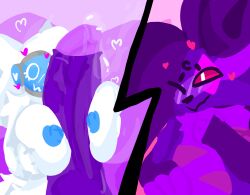 anthro big_breasts bodily_fluids breast_play breasts canid canine duo female fox fur genital_fluids genitals heart_symbol hi_res hyper hyper_genitalia leaking_precum lineless machine male male/female mammal nipples owo penis precum protogen purple_body purple_fur purple_penis seacero sex titjob vein white_body white_fur