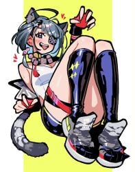 1girls arknights:_endfield black_stockings eye_patch grey_hair heart_symbol kaatokunart short_hair shorts smiling smiling_at_viewer stockings tangtang_(arknights:_endfield) tiger_ears tiger_girl tiger_tail tongue_out white_shirt