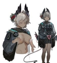 arknights bar_censor bird_girl black_feathers breasts breasts_out cable cable_tail censored closed_eyes clothes_pull commentary dark-skinned_female dark_skin electric_plug electric_plug_tail extra_arms feather_hair feathers female flower gloves grey_hair hair_flower hair_ornament head_wings jacket long_sleeves mechanical_tail nipples open_clothes penis penis_to_breast pink_gloves poking_another's_breast poking_with_penis raidian_(arknights) rhodes_island_uniform short_hair simple_background smile solo_focus straight tail white_background wings ydjc0604