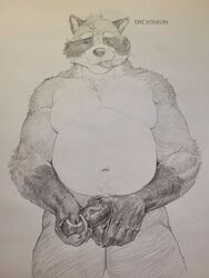 2021 3:4 anthro belly erebonbon genitals hi_res humanoid_genitalia humanoid_hands humanoid_penis male mammal moobs navel overweight overweight_male penis procyonid raccoon simple_background solo tongue tongue_out