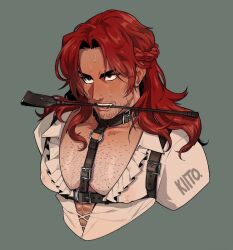 bondage figarland_shamrock hairy hairy_chest hairy_male harness human_artist human_only kiito kiito.illust kiito.illust_(artist) long_hair male male_only no_ai no_text one_piece portrait red_hair riding_crop shamrock_(one_piece) simple_background solo solo_focus solo_male submissive_male