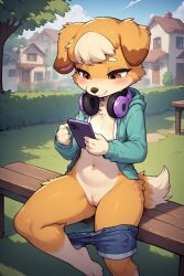 ai_generated anthro brown_body brown_eyes canine domestic_dog female furry headphones jacket no_panties phone pussy shorts_down sitting young