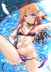 absurdres ahoge armpits artist_name bangs bikini black_choker bracelet breasts choker closed_mouth commentary_request female female from_above hand_in_hair hand_on_own_stomach heart highres idolmaster idolmaster_cinderella_girls jewelry leg_up long_hair looking_at_viewer lying mabanna multicolored_hair navel ninomiya_asuka on_back partially_submerged pink_hair purple_bikini purple_eyes red_hair side-tie_bikini signature single_strap small_breasts smile solo swimsuit two-tone_hair untied untied_bikini water wet