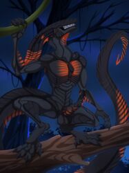 1boy absurd_res alien alien_(franchise) anthro erection genitals hi_res hybrid jungle knot male male_only night penis plant re-re sergal solo tree varzek_(character) zetsin