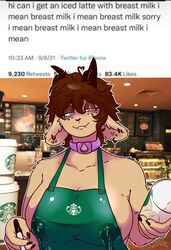 anthro anthro_only apron apron_only barista big_breasts bodily_fluids breasts clothing collar ear_piercing ear_ring english_text female furry_only horn i_mean_breast_milk iced_latte_with_breast_milk lactating lactating_through_clothing lactation_through_clothes mammal meme milk mostly_nude nala_urbff nude piercing pink_eyes solo starbucks text wet wet_clothing