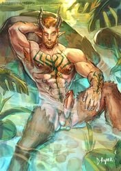 absurd_res armpit_hair balls beard body_hair boner chest_hair erection facial_hair genitals hi_res humanoid looking_at_viewer male male_only markings nipples penis rigmerd satyr solo solo_male water