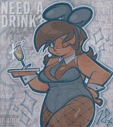 1girls big_breasts brown_hair bunny_ears bunnysuit dovernade female female_focus fishnets gijinka glass humanization humanized jumpcut! large_breasts long_hair looking_at_viewer megan_(jumpcut!) solo solo_female sweat sweatdrop tie waitress watermark wink winking