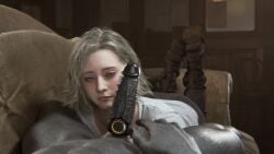 blonde_hair bluelight blush blushing clothed clothed_female_nude_male cockwatch couch couch_sex grace_ashcroft grey_eyes large_penis penis penis_on_face pov pov_eye_contact resident_evil resident_evil_9:_requiem tyrant watch watch_on_cock wristwatch_on_cock