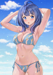 1girls female female_only pose posing busty big_breasts voluptuous sensual sexy sexy_pose sexy_armpits toned child_bearing_hips armpits arms_behind_head bikini blue_bikini blue_eyes blue_hair blue_sky breasts cloud highres kousan large_breasts looking_at_viewer make_heroine_ga_oo_sugiru! navel outdoors side-tie_bikini_bottom sky solo swimsuit yanami_anna thighs legs