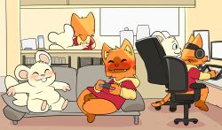 absurd_res animal_genitalia balls blush cricetid crushpepper detailed_background electronics eyes_closed felid feline fur furniture genitals hamster headphones hi_res living_room male mammal orange_body orange_fur oxynard penis pepper_(crushpepper) red_eyes rodent sheath sitting small_penis sofa tagme
