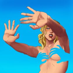 lmaowhatevenart hands_casting_shadow invisible_woman sue_storm nude nude_female powers blonde_hair blonde_female light_skin light_skinned_female lips red_lipstick blue_eyes invisible invisible_breasts using_powers fantastic_four marvel marvel_comics no_visible_nipples