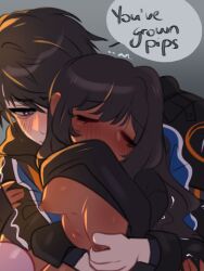 1boy 1girls 2d_(artwork) blush breasts_out brother_and_sister brother_and_sister_(lore) brown_hair caleb_(love_and_deep_space) childhood_friend closed_eyes dark-skinned_female dark_skin dialogue eepyringo english_text incest light-skinned_male light_skin love_and_deep_space medium_breasts nipple_tweak protagonist_(love_and_deep_space) purple_eyes shirt_lift speech_bubble teasing text text_bubble