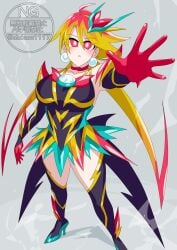 1girls baku_yorozu breasts earrings genderswap gloves heels kamen_rider kamen_rider_zeztz_(series) long_gloves long_socks otokam1117 power_up red_eyes rule_63 solo_female tagme thighs