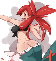 1girl ass belt breasts butt_crack crop_top female_focus flannery_(pokemon) from_behind front-tie_top gym_leader holding holding_poke_ball large_breasts long_hair looking_back lowleg lowleg_pants midriff nintendo pants poke_ball pokemon pokemon_ruby/sapphire/emerald ponytail red_eyes red_hair shirt solo split_ponytail tied_shirt