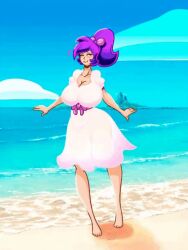 ai_generated animated barefeet beach big_breasts bimbo dress female_only green_eyes kogeikun no_sound panties_visible_through_clothing ponytail smile violet_hair wendolin