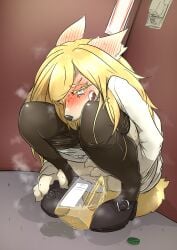 absurd_res accident anthro blonde_hair blue_eyes blush bodily_fluids canid canine canis clothed clothing crouching desperation domestic_dog embarrassed female fur genital_fluids hair half_clothed hi_res legwear mammal mttbsmn open_mouth peeing peeing_into_container peeing_on_ground solo steam steaming steaming_body stockings stockings_down underwear urine urine_on_ground wetting yellow_body yellow_fur